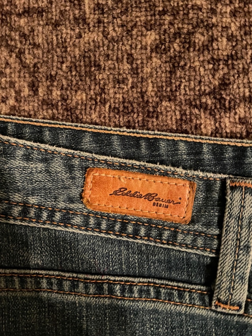 Eddie Bauer women’s Dark Blue Straight-Leg Jeans with Tan Patch